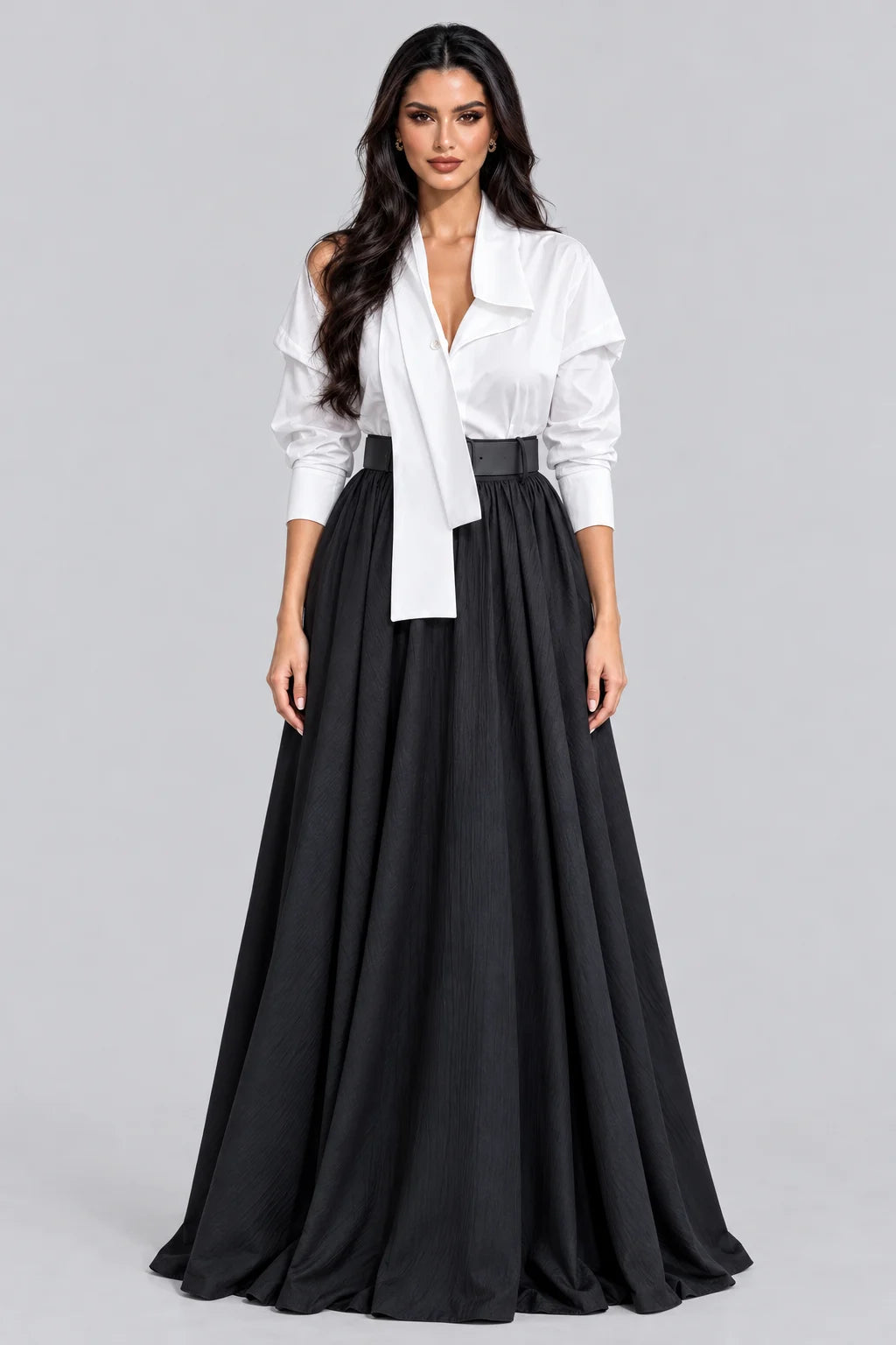 Women's Asymmetrical Draped Collar Shirt and High Waist Maxi Skirt Two Piece Set [erp-image:f8cd96743c95e337145419e2]