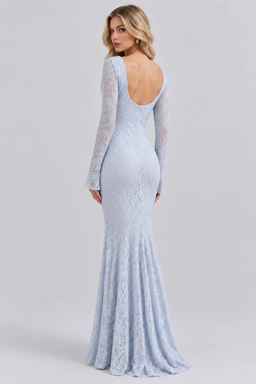 Square Neck Long Sleeve Lace Draped Front Maxi Dress [erp-image:09eb45842cefc5a3c8d689a5]