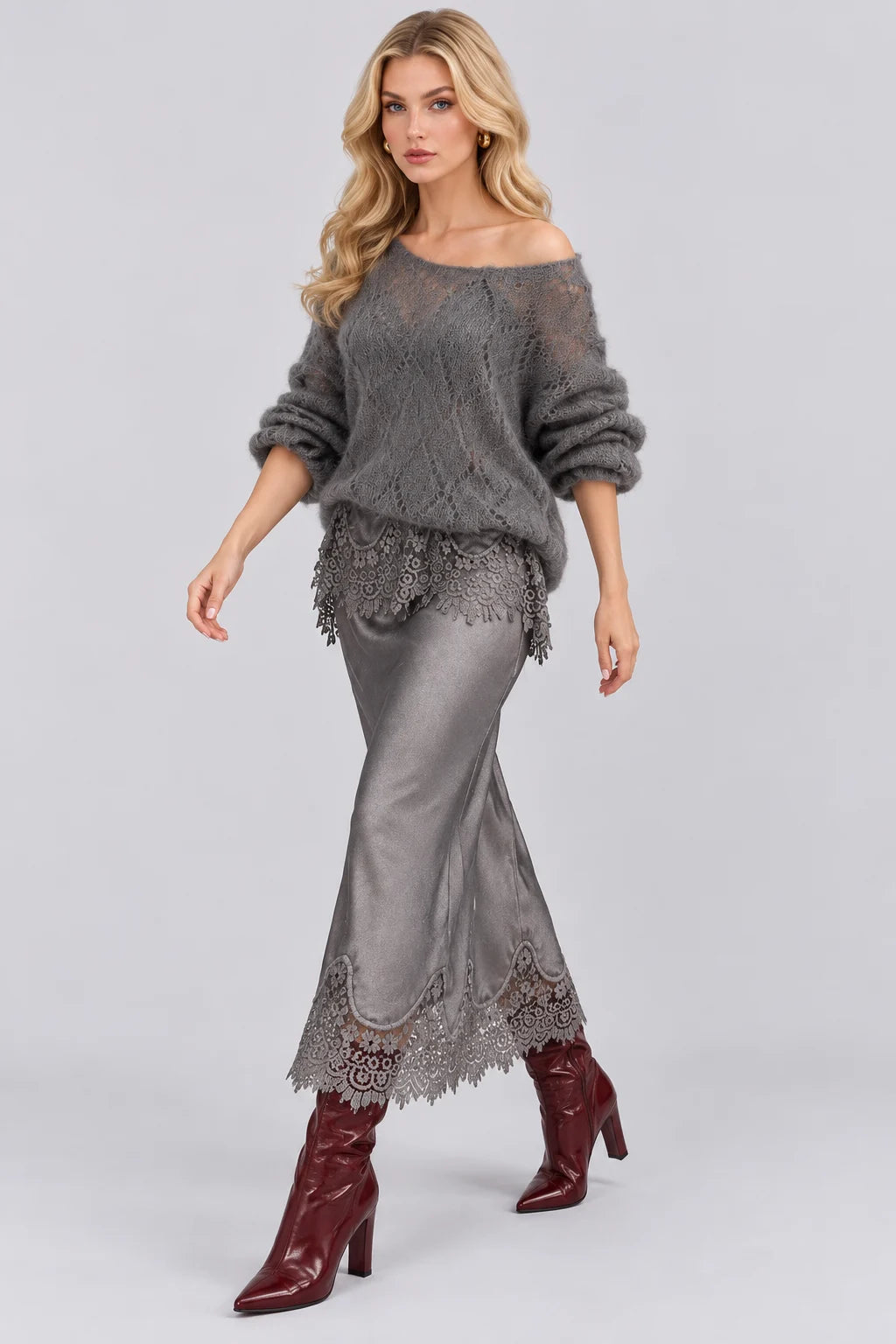 Open Knit Sweater and Lace Trim Satin Midi Skirt Set [erp-image:6415fe9e3932ea1a179bd498]