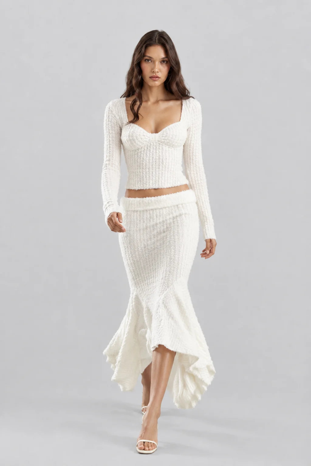 White Textured Knit Long Sleeve Crop Top and Ruffle Mermaid Skirt Two Piece Set [erp-image:0955f7b999ff6071000e0e6f]