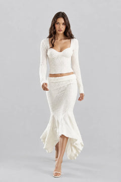 White Textured Knit Long Sleeve Crop Top and Ruffle Mermaid Skirt Two Piece Set [erp-image:0955f7b999ff6071000e0e6f]