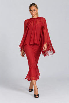 Red Fringe Capelet Top and Slip Midi Dress Two Piece Set [erp-image:df107428ddd2458d8e344756]