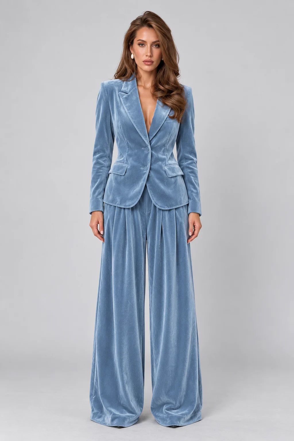 Women's Velvet Notch Lapel Blazer and Wide Leg Trousers Two Piece Suit Set [erp-image:c11e8438872f15405d1a86f1]