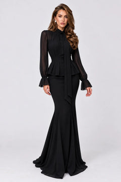 Peplum Tie-Neck Long Sleeve Blouse and Mermaid Maxi Skirt Two-Piece Set [erp-image:53300f51a334f998e73501ee]