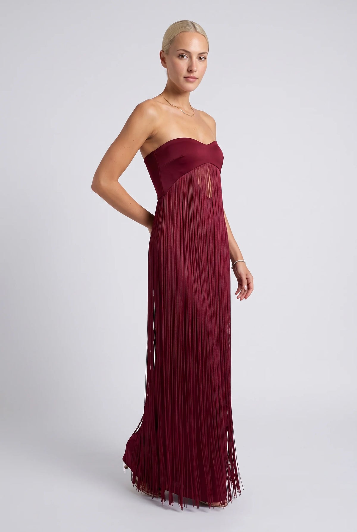 Burgundy Strapless Fringe Overlay Maxi Evening Party Dress