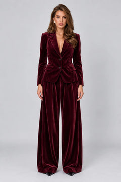 Women's Velvet Notch Lapel Blazer and Wide Leg Trousers Two Piece Suit Set [erp-image:09e6007a23c81bd4465f9581]