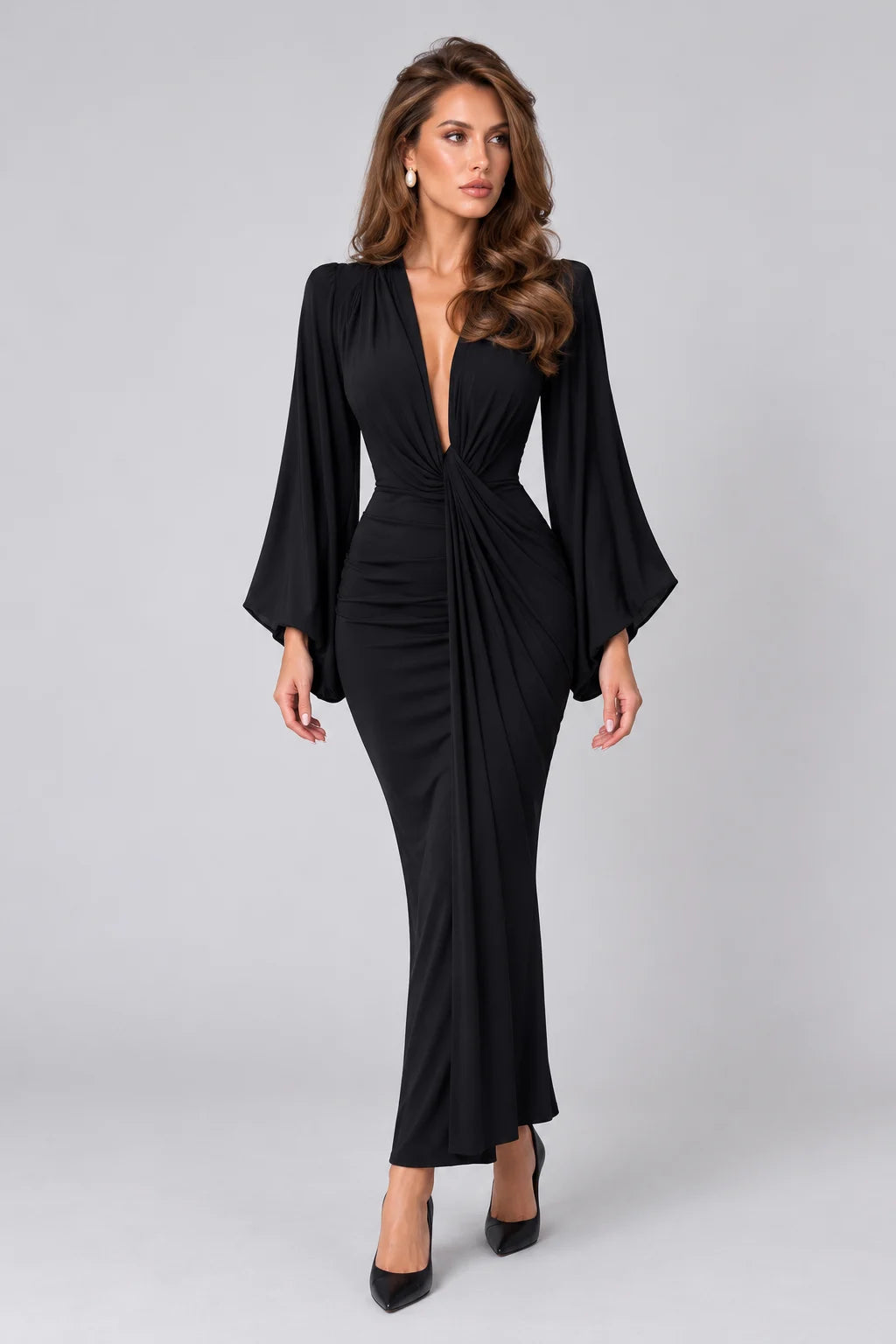 Deep V-Neck Padded Shoulder Long Sleeve Draped Ruched Black Maxi Dress [erp-image:0aba23b5b1c226993775d1a3]