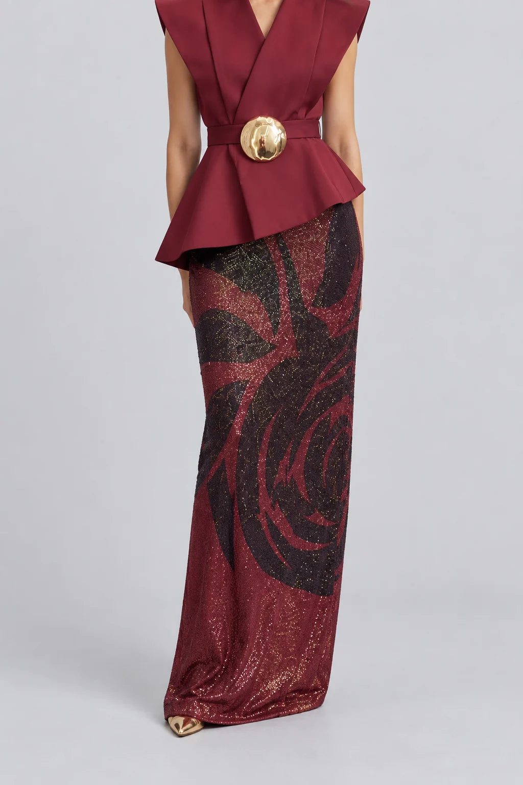 Burgundy Belted Peplum Top and Patterned Sequin Maxi Skirt Two Piece Set [erp-image:9487ad2745baf64acb2fdfbb]