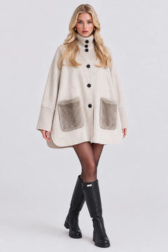High Neck Button Up Swing Cape Coat with Faux Fur Patch Pockets [erp-image:576ed1c2e79dcba146334124]
