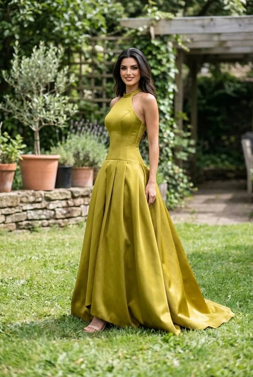Olive Green Satin Halter Neck Drop Waist Pleated Formal Gown Maxi Dress