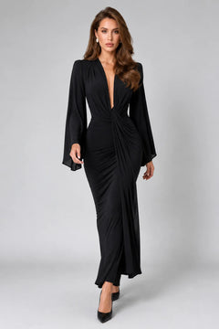 Deep V-Neck Padded Shoulder Long Sleeve Draped Ruched Black Maxi Dress [erp-image:f587df9ac75ef0ccf7caa724]