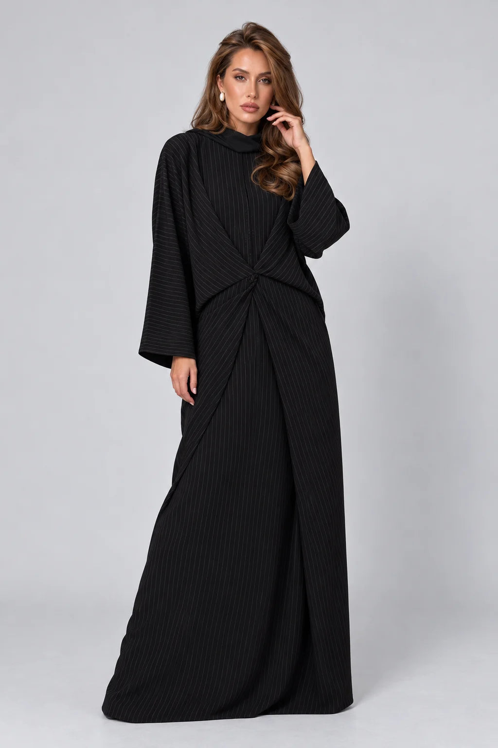 Black Pinstripe Long Sleeve Twist Front Abaya Maxi Dress with Wide Cut [erp-image:b8f4ca6477b2d0faa858973a]