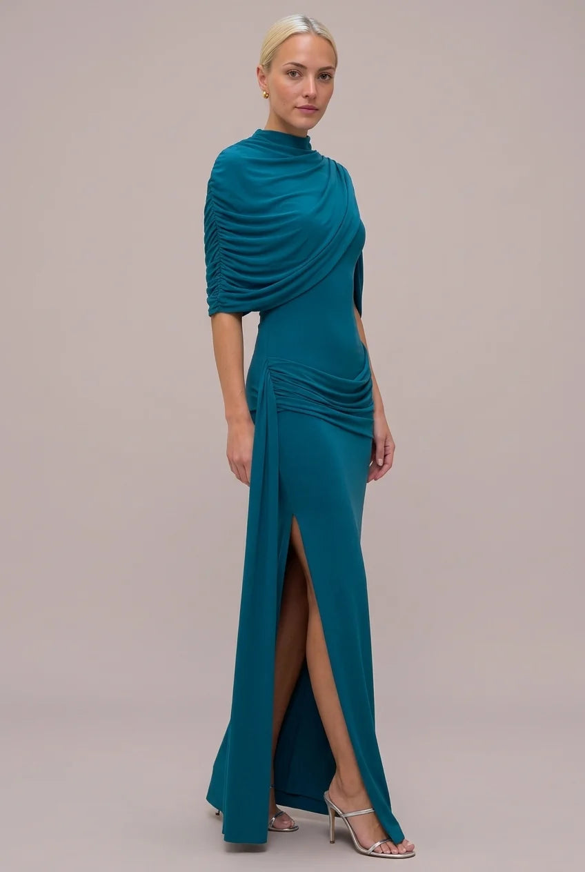 High Neck Draped Cape Asymmetric Ruched Maxi Dress with Slit