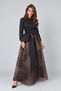 Elegant Black Long Sleeve Bow Belted Shirt Dress with Floral Buttons [erp-image:d5a96d3c1b4d1630a2596492]