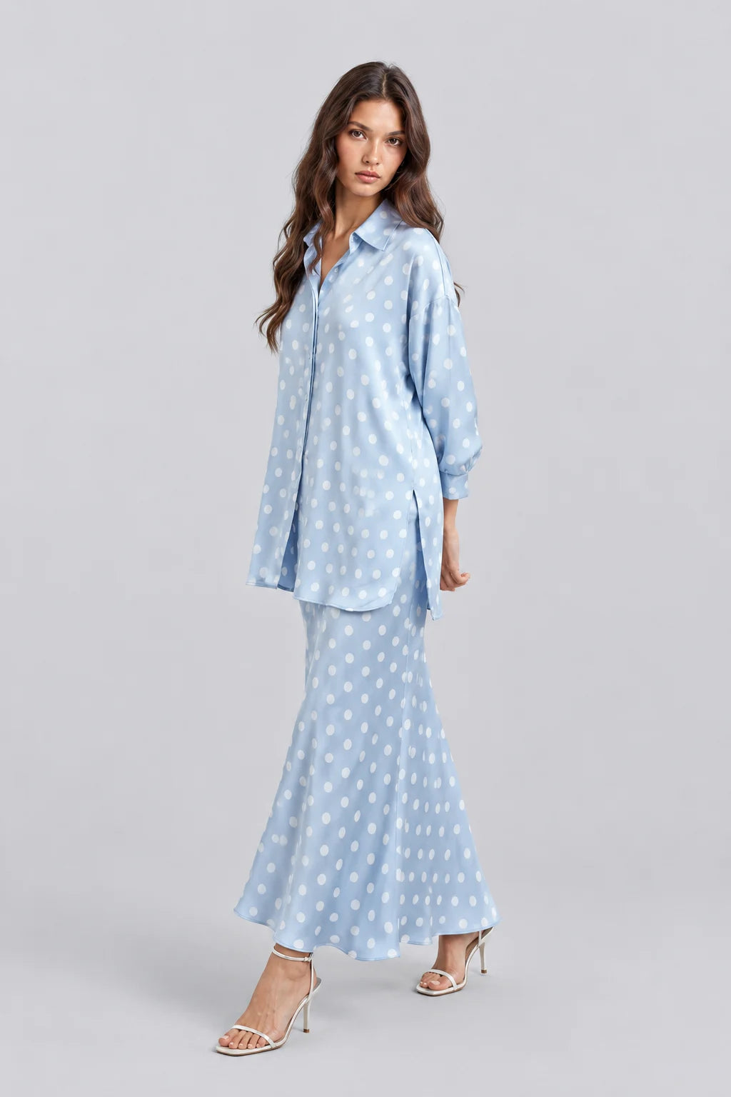 Light Blue Polka Dot Satin Oversized Shirt and Midi Skirt Two Piece Set [erp-image:45c99b8be83ba22b14bcf54c]