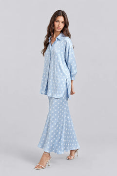 Light Blue Polka Dot Satin Oversized Shirt and Midi Skirt Two Piece Set [erp-image:45c99b8be83ba22b14bcf54c]
