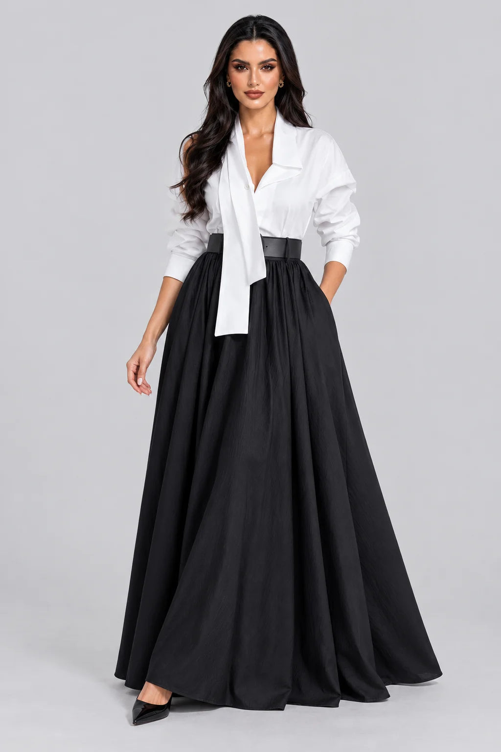 Women's Asymmetrical Draped Collar Shirt and High Waist Maxi Skirt Two Piece Set [erp-image:150c6232a7c67d07e872944e]