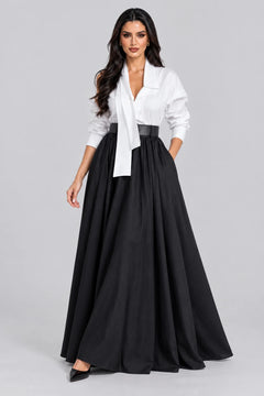 Women's Asymmetrical Draped Collar Shirt and High Waist Maxi Skirt Two Piece Set [erp-image:150c6232a7c67d07e872944e]