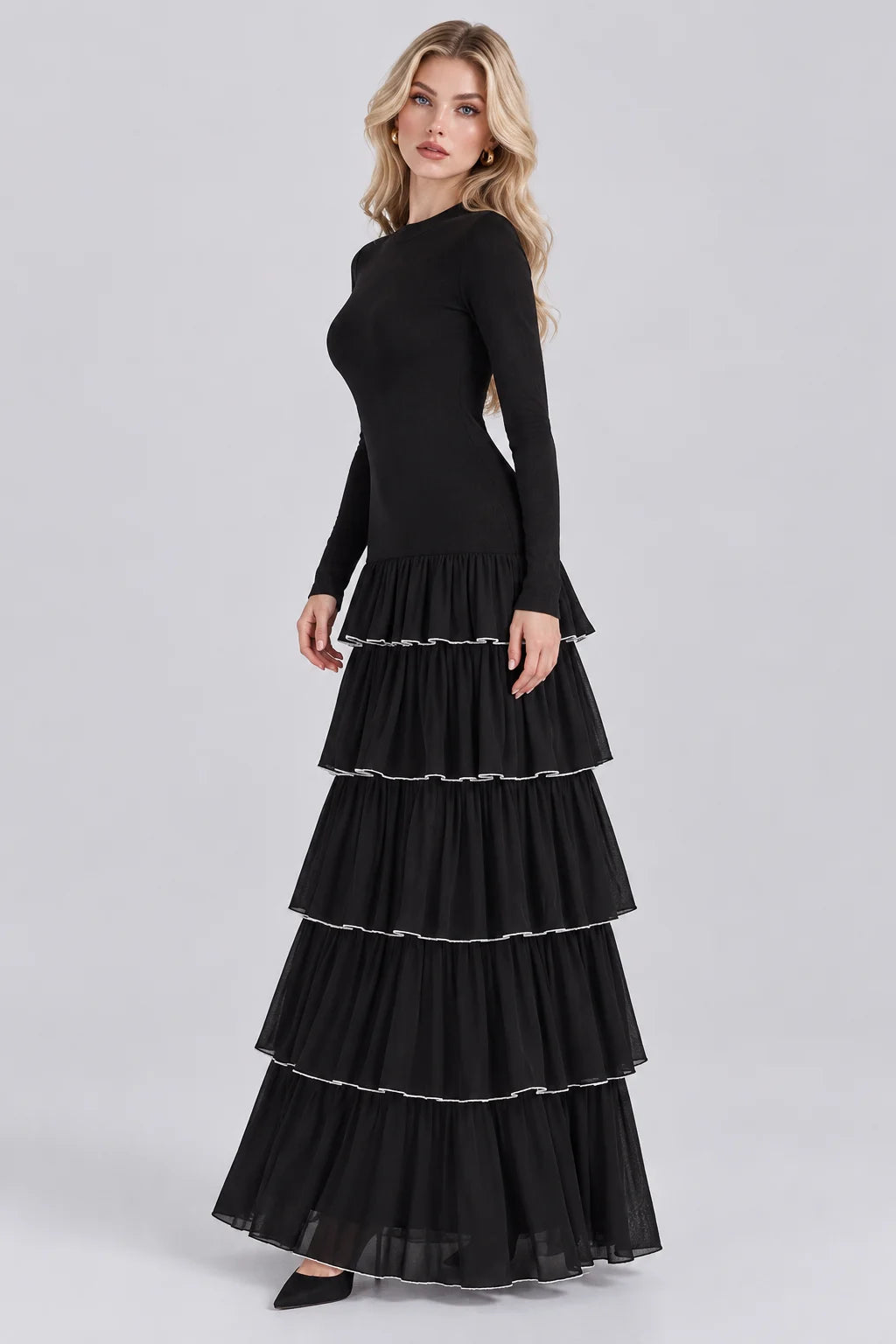 Black Long Sleeve Mock Neck Tiered Ruffle Drop Waist Maxi Dress [erp-image:bbead8396f7637d838f6698b]