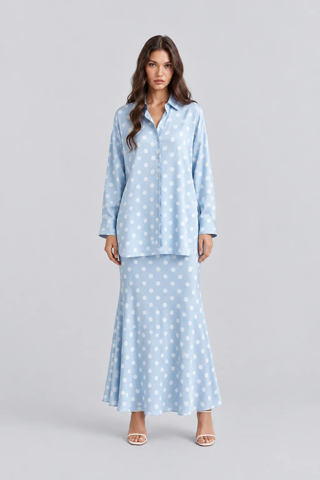 Light Blue Polka Dot Satin Oversized Shirt and Midi Skirt Two Piece Set [erp-image:0ff6586a285ae906024ac828]