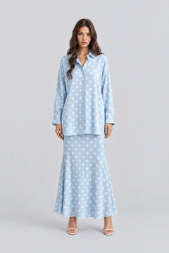 Light Blue Polka Dot Satin Oversized Shirt and Midi Skirt Two Piece Set [erp-image:0ff6586a285ae906024ac828]