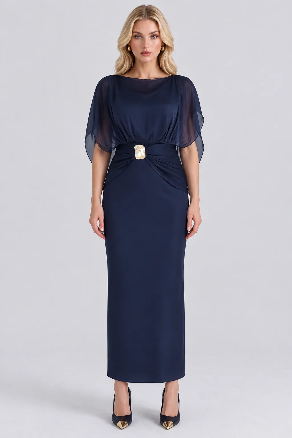 Shimmer Cape Sleeve Column Maxi Dress with Gold Buckle Accent [erp-image:e30d05f4930d24ebd256d638]