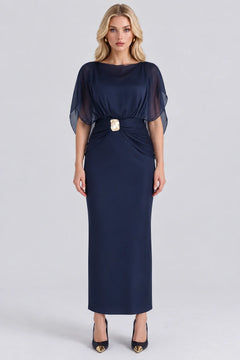 Shimmer Cape Sleeve Column Maxi Dress with Gold Buckle Accent [erp-image:e30d05f4930d24ebd256d638]