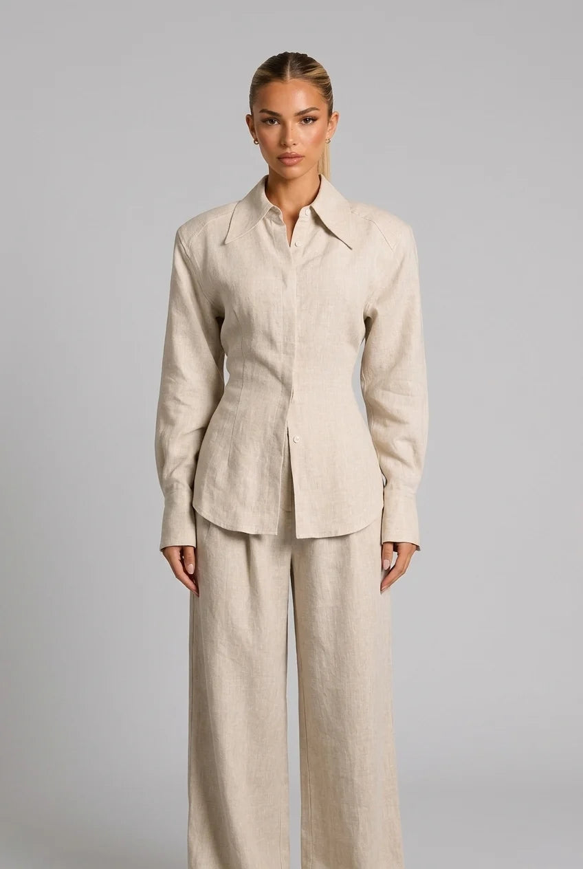 Long Sleeve Button Down Shirt and Wide Leg Pants Two Piece Set
