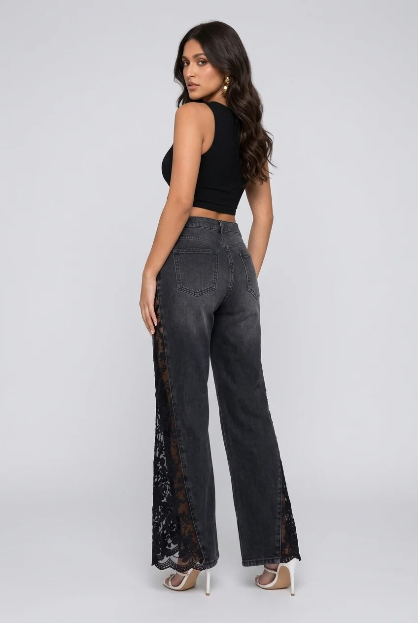 Women's Black High Rise Flare Jeans with Sheer Floral Lace Panels
