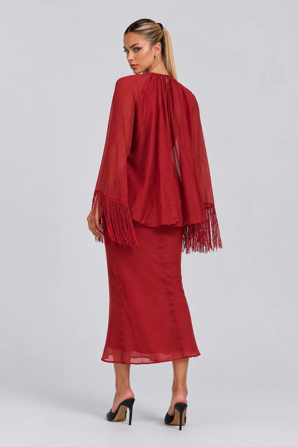 Red Fringe Capelet Top and Slip Midi Dress Two Piece Set [erp-image:5ae836ea88fc632b172d432d]