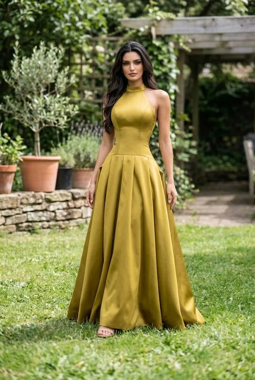 Olive Green Satin Halter Neck Drop Waist Pleated Formal Gown Maxi Dress