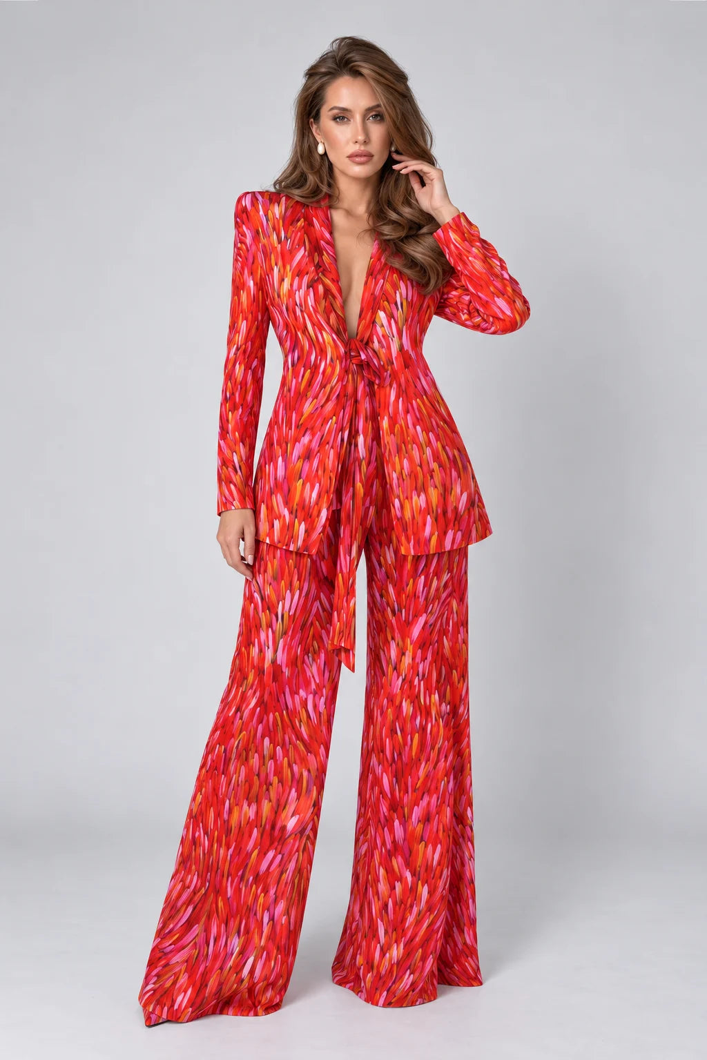 Red Brushstroke Print Tie Front Blazer and Wide Leg Pants Two Piece Set [erp-image:a0fe3d0567705f09c000a7ae]