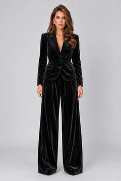 Women's Velvet Notch Lapel Blazer and Wide Leg Trousers Two Piece Suit Set [erp-image:0841e829a568ab1850d46cce]