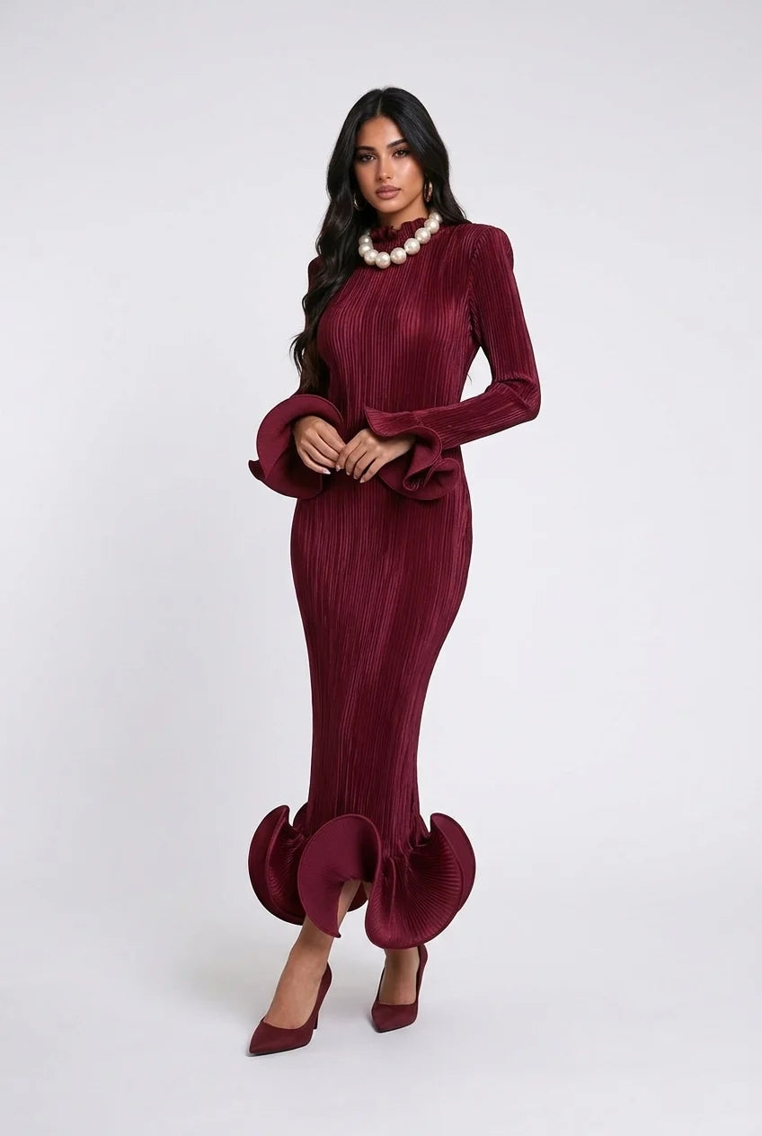 Pleated High Neck Long Sleeve Fluted Cuff Maxi Dress