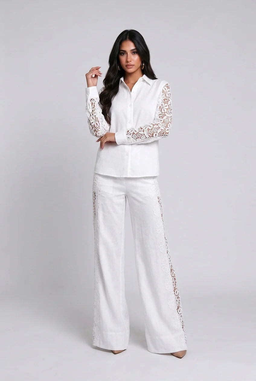 White Lace Panel Long Sleeve Shirt and Wide Leg Pants Two Piece Set