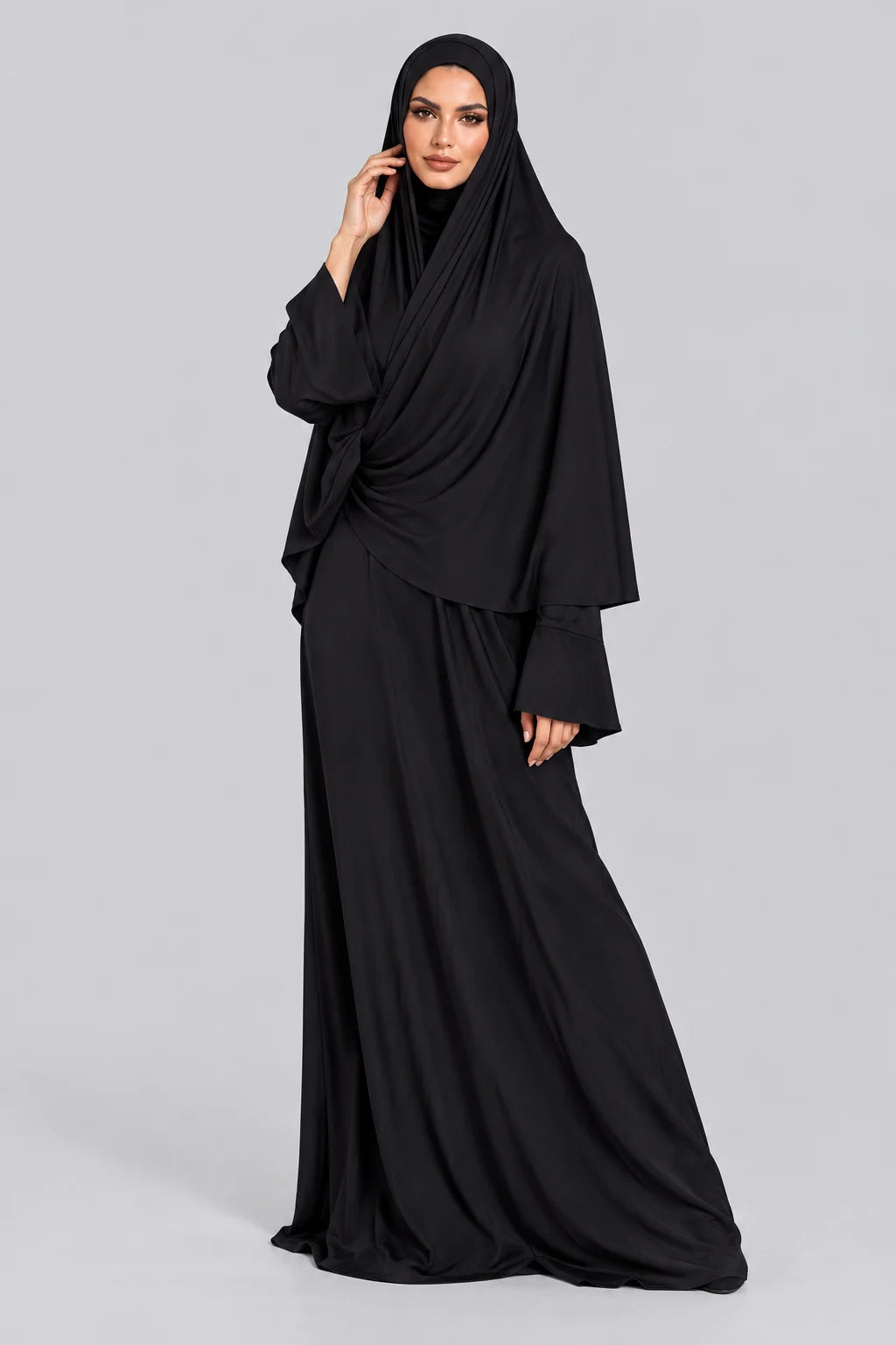 Women's Black Draped Khimar Abaya Maxi Dress Long Sleeve Modest Prayer Jilbab [erp-image:e8b1e24233c24b9071c1065d]