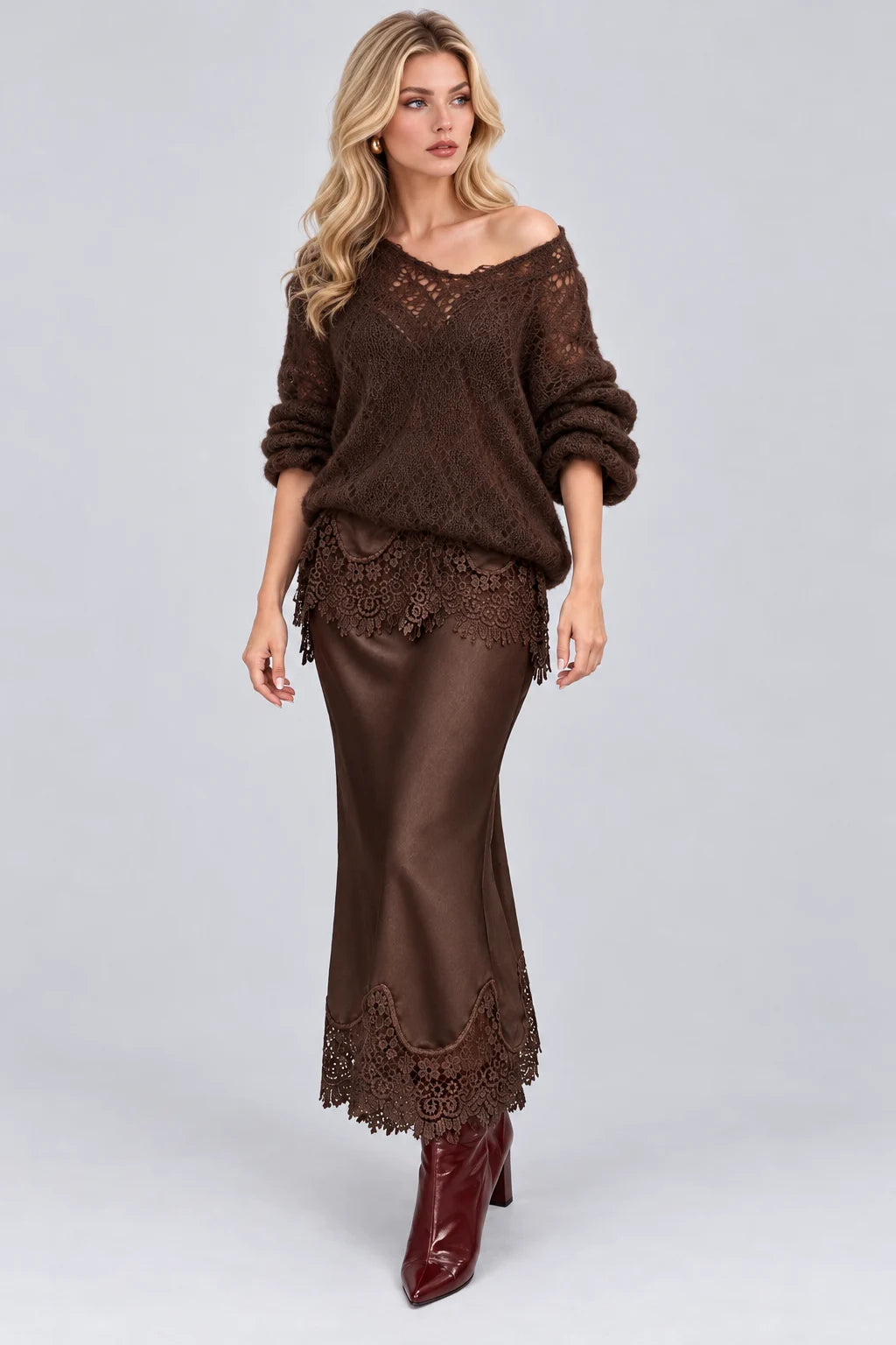 Open Knit Sweater and Lace Trim Satin Midi Skirt Set [erp-image:f40f3ed104bf08a305ef5c6d]