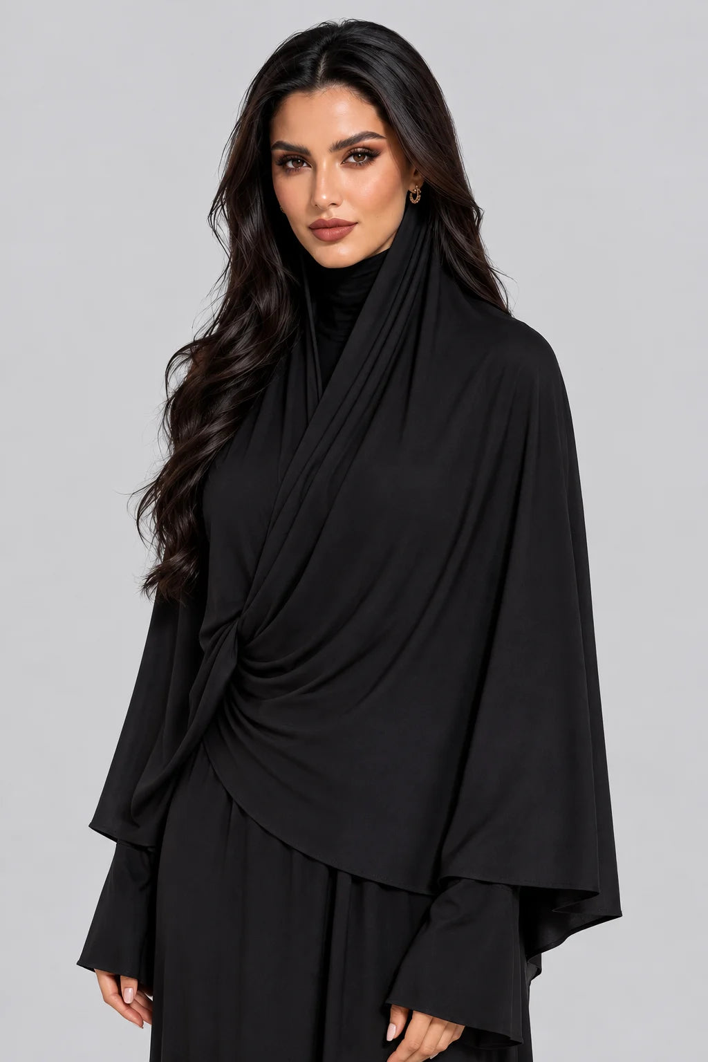 Women's Black Draped Khimar Abaya Maxi Dress Long Sleeve Modest Prayer Jilbab [erp-image:bb0b6e6e90476d73dd3f486d]