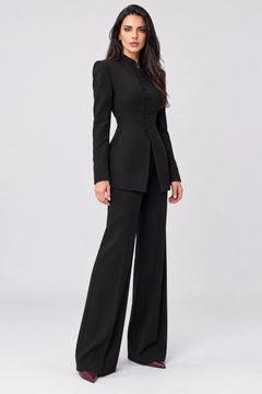 Black Mandarin Collar Tailored Blazer and Wide Leg Pants Two Piece Set [erp-image:c5e50758aba3b76ffb3c20c5]