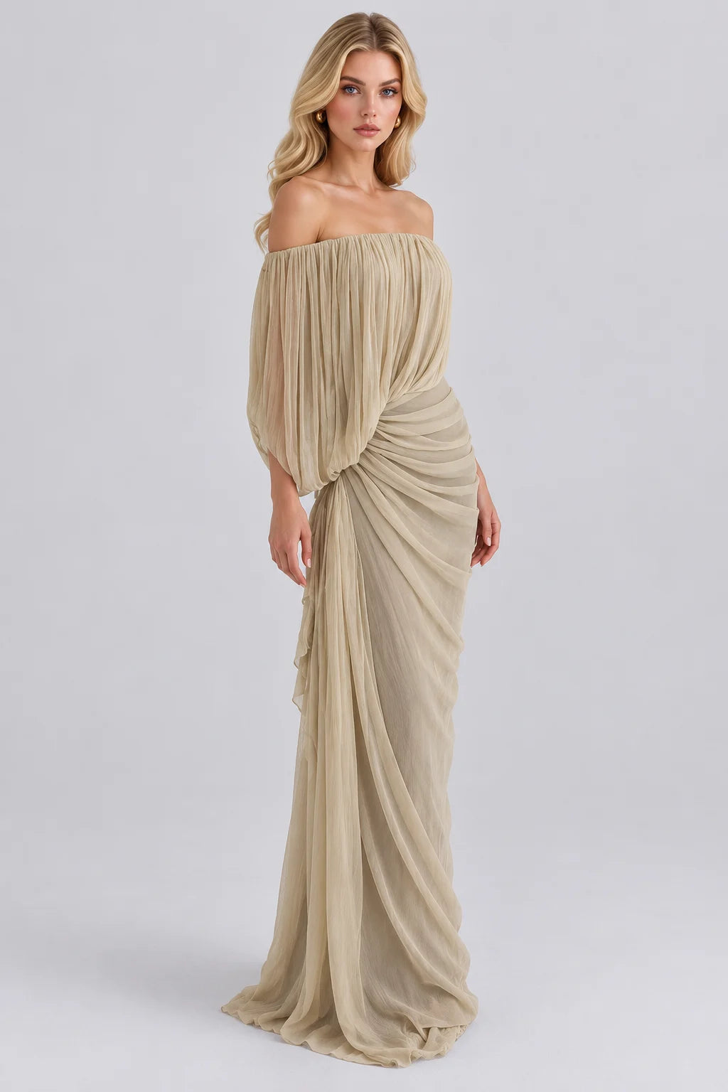 Off the Shoulder Draped Pleated Ruched Maxi Dress [erp-image:a84789fe392cdc35e6b0742e]