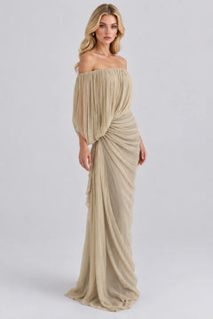 Off the Shoulder Draped Pleated Ruched Maxi Dress [erp-image:a84789fe392cdc35e6b0742e]