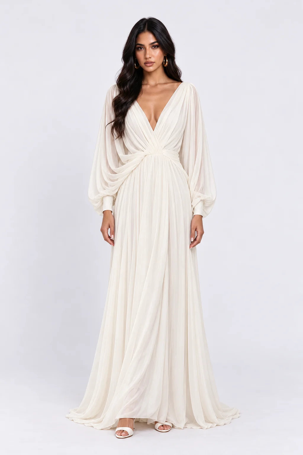 Deep V-Neck Long Sleeve Chiffon Ruched A-Line Maxi Wedding Dress [erp-image:09464b368c4655949975675b]
