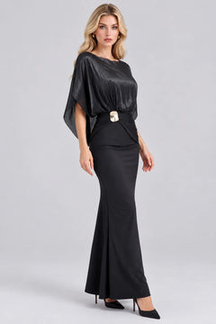 Shimmer Cape Sleeve Column Maxi Dress with Gold Buckle Accent [erp-image:e4682833f47864a18391e517]