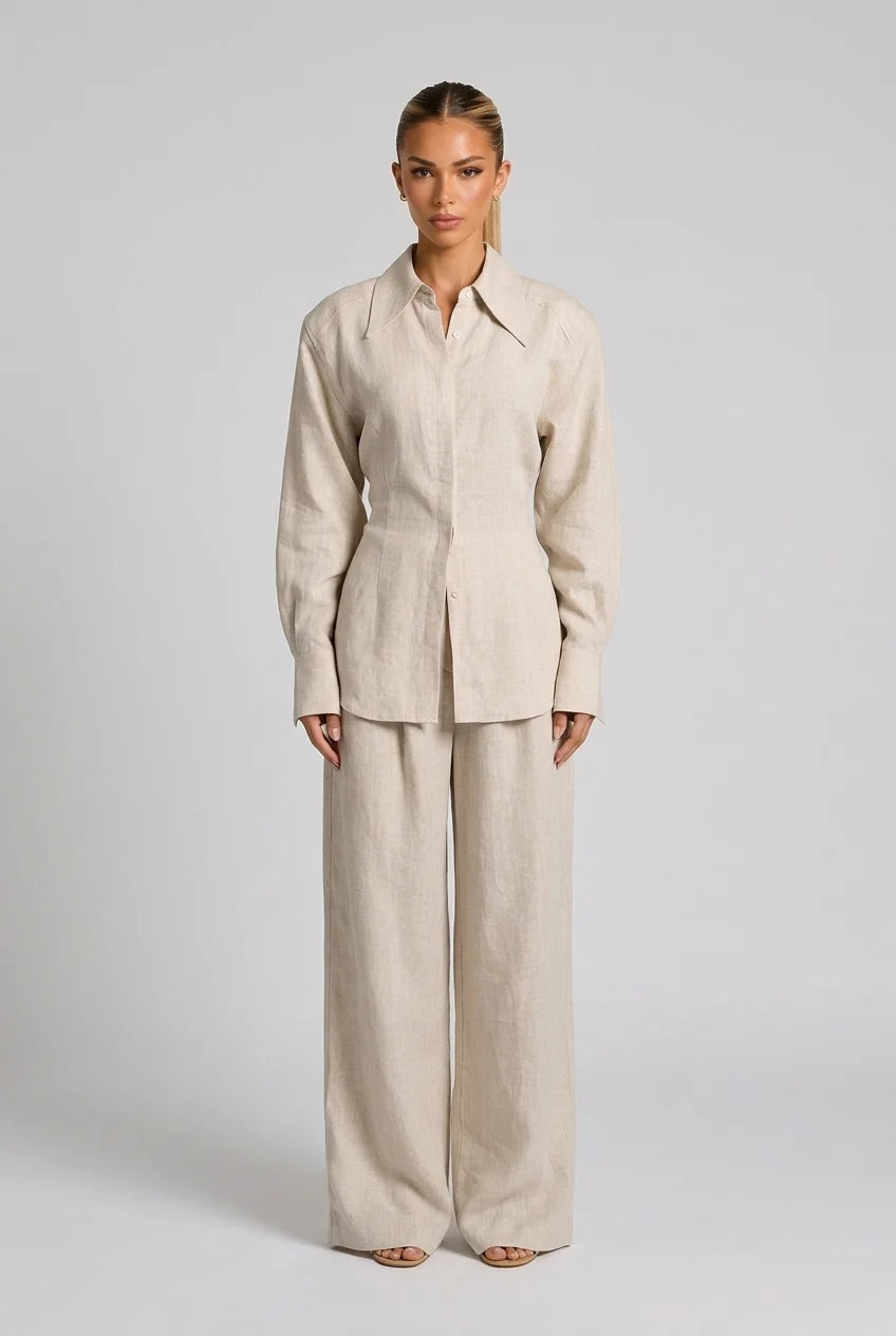 Long Sleeve Button Down Shirt and Wide Leg Pants Two Piece Set