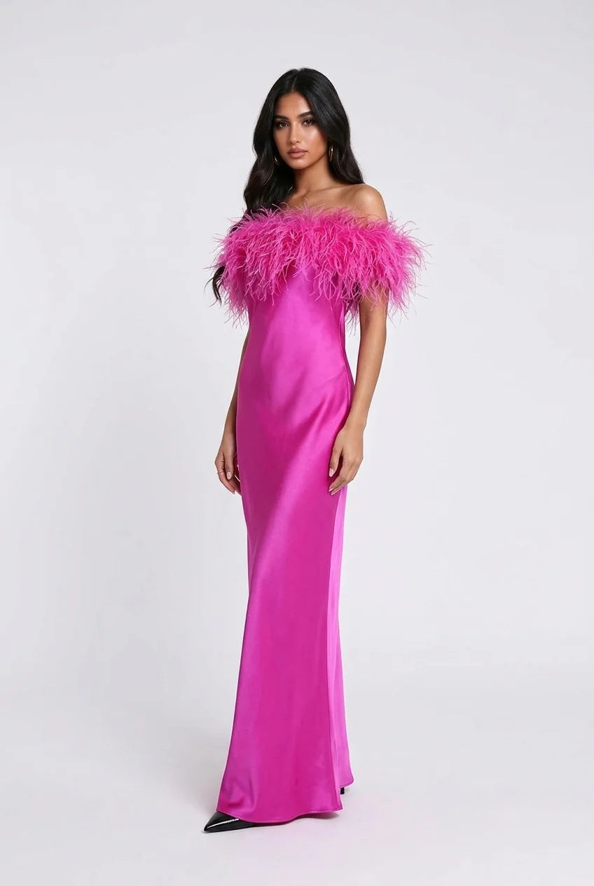 Feather Trim Off-the-Shoulder Satin Column Maxi Dress