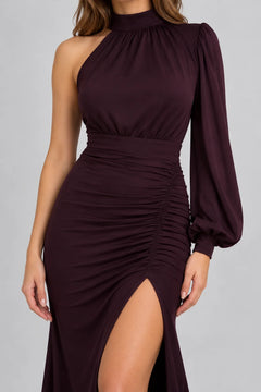 One Shoulder High Neck Ruched Maxi Evening Dress with Slit [erp-image:63c379d658f350ed4da13daf]