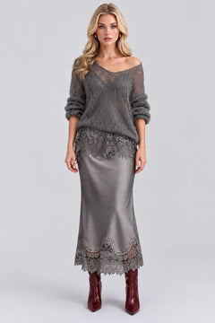 Open Knit Sweater and Lace Trim Satin Midi Skirt Set [erp-image:87614cd1cb0fd63930460ede]