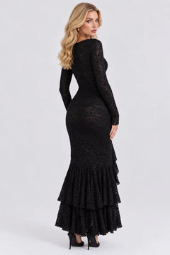 Black Lace Long Sleeve Square Neck High Slit Ruffle Hem Maxi Evening Dress [erp-image:d48d9d7df5ae2dad7e742a35]