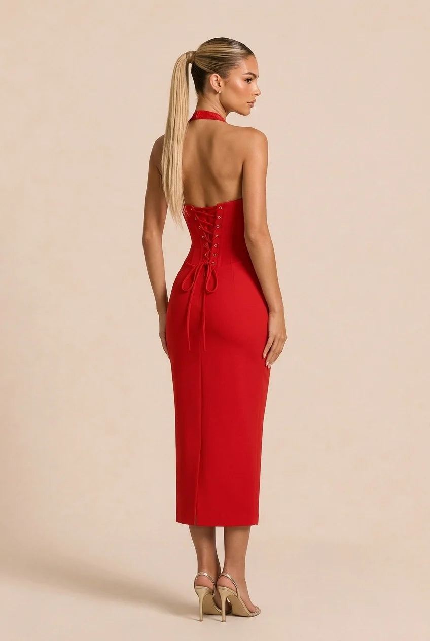 Red Lace Halter Plunge Neck Sleeveless Bodycon Midi Dress