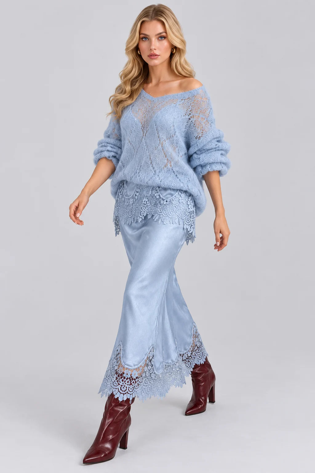 Open Knit Sweater and Lace Trim Satin Midi Skirt Set [erp-image:2f8b6c0a7c95ec5bf8927725]